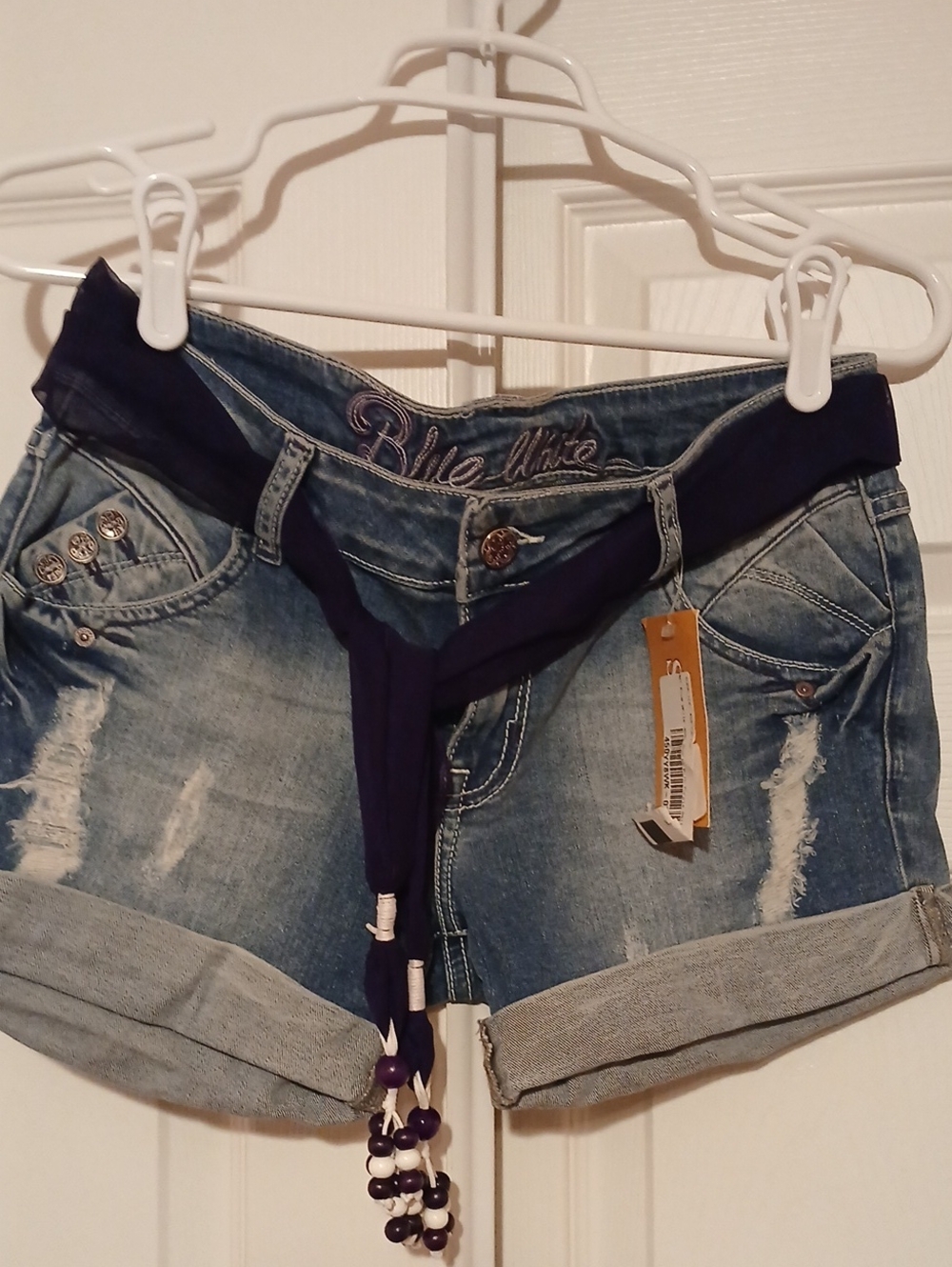 Blue White Distressed Cuffed Jean Shorts